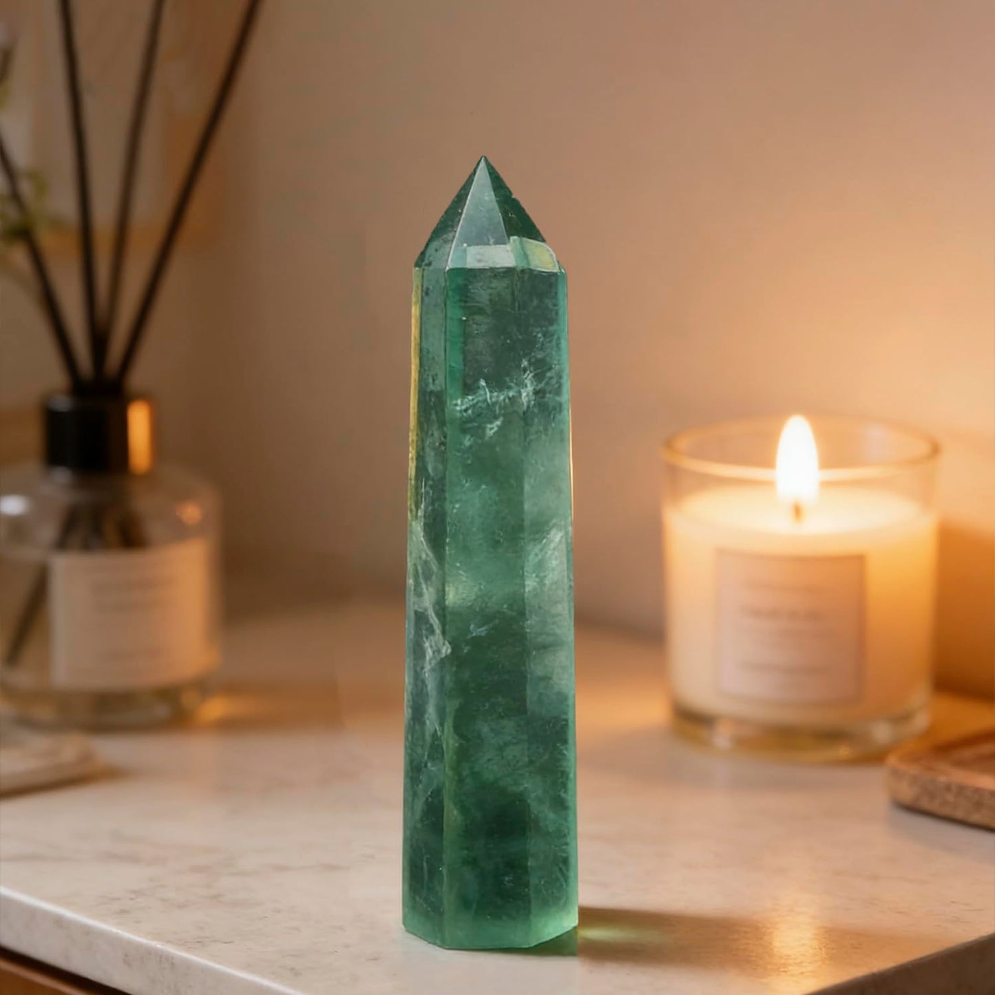 5.8-6.2 Inch Natural Green Fluorite Crystal Point 2Pcs Set, Single Terminated Hexagonal Prism Stone, Energy Protection Spiritual Awakening Crystal, Reiki Meditation Home Decor Ornament Gift