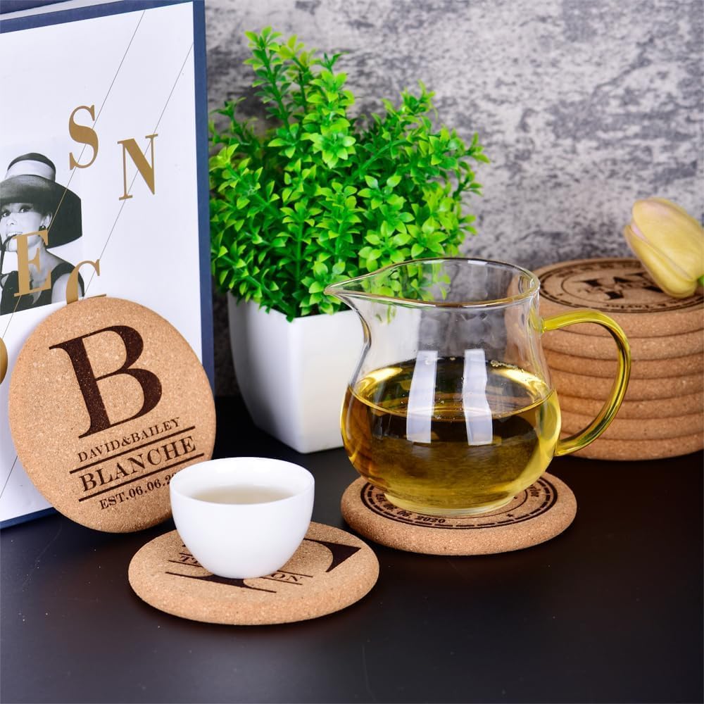 Personalized Cork Coasters for Drinks, Custom Engraved Absorbent Heat & Water Resistant Coasters for Cups and Mugs (M)