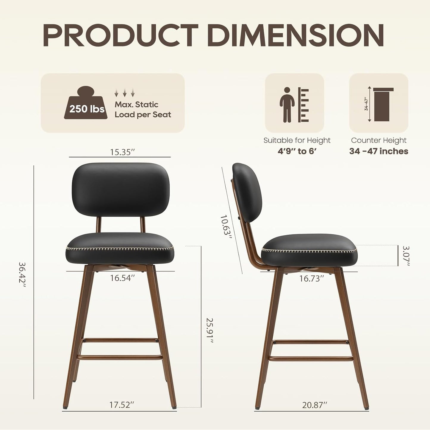 Swivel Bar Stools Set of 3, Mid Century PU Leather Counter Height Bar Chairs with Low Back and Metal Legs, Modern Bar Stool Chair for Kitchen Island, Black
