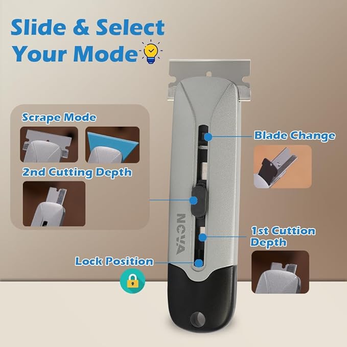 Nova 2 in 1 Scraper Utility Knife with Extra10 Metal Razor Blades +10 Plastic Blades, 2 Cutting Depth of Box Cutter, Multi-Purpose Cleaning and Cutting