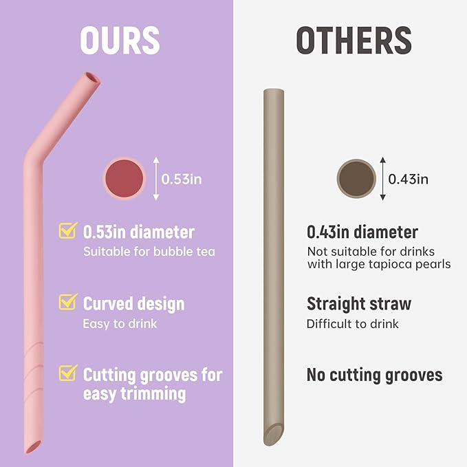 NiHome 6PCS Extra Wide Reusable Bent Silicone Straws for Boba, Smoothies, Bubble Tea, Eco-Friendly Bent Straws for Thick Drinks, Child-Safe, Customizable Length, 2 Brushes Easy Cleaning (Macaron)