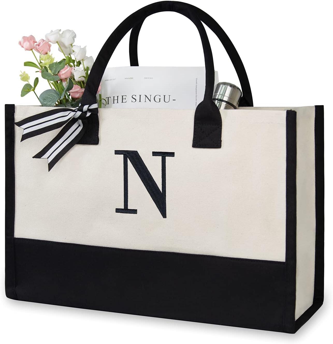 TOPDesign Embroidery Initial Canvas Tote Bag, Personalized Present Bag, Suitable for Wedding, Birthday, Beach, Holiday, is a Great Gift for Women, Mom, Teachers, Friends, Bridesmaids (Letter N)