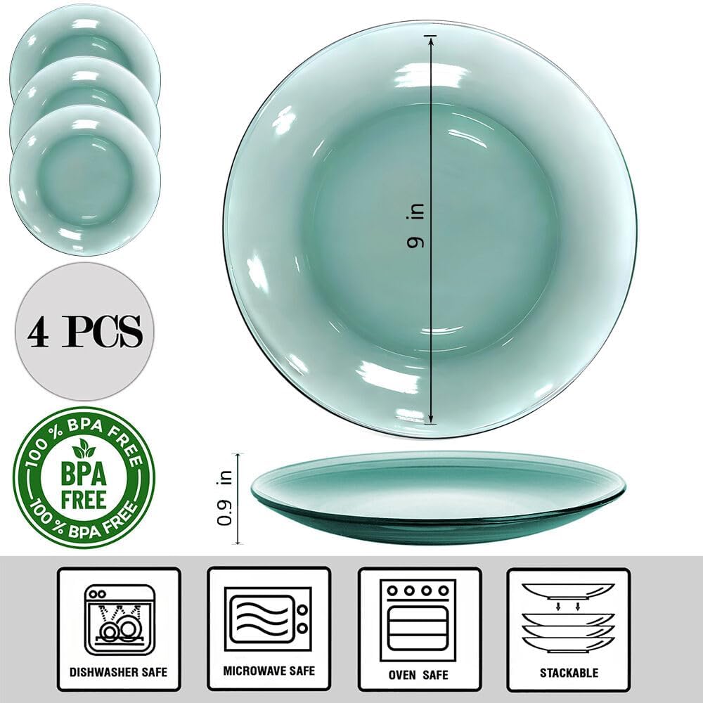 STP GOODS Glass Soup and Salad Bowl with Handles, Cobalt Transparent Glass Eating Plates, Circular Dinnerware for Salad, Bread, Dinner (Green Set of 4)