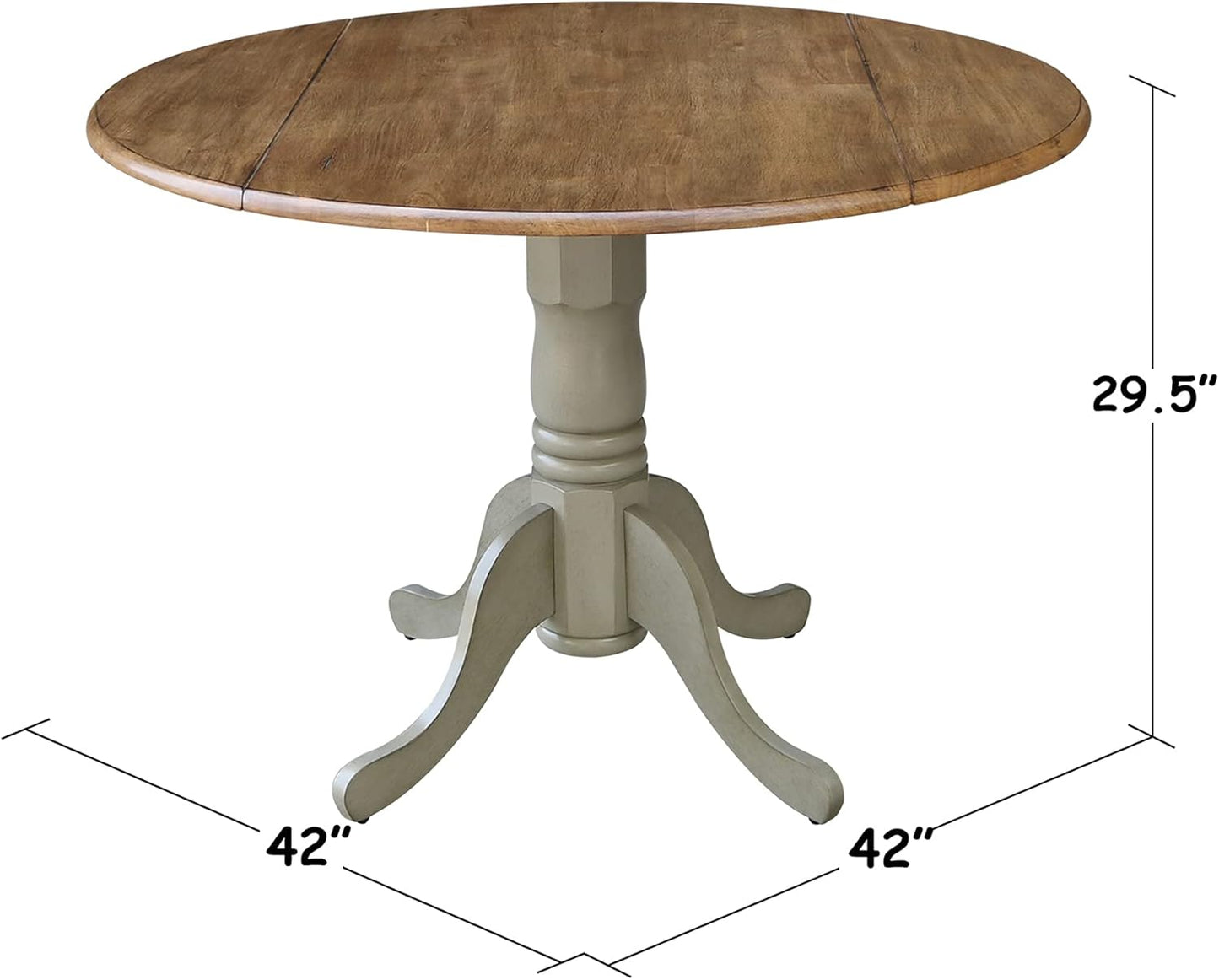 IC International Concepts, 42" Round Dual Drop Leaf Pedestal Dining Table, Solid Real Wood, Sturdy Parawood, Distressed Hickory/Stone