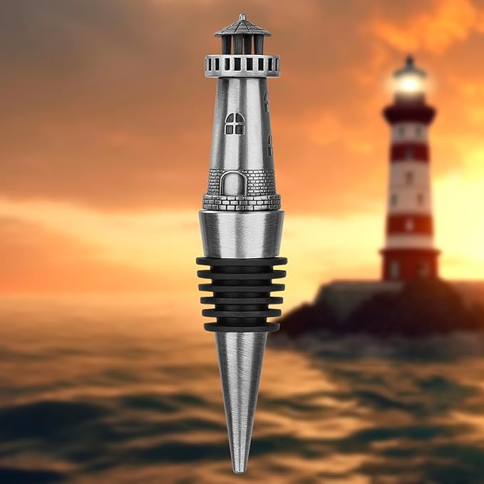 Nautical Lighthouse Wine bottle Stopper for Wine Champagne, Lighthouse Gifts Wine Gifts for Men Women Pharos Lovers, Wine Saver, Wine Accessories, Silver