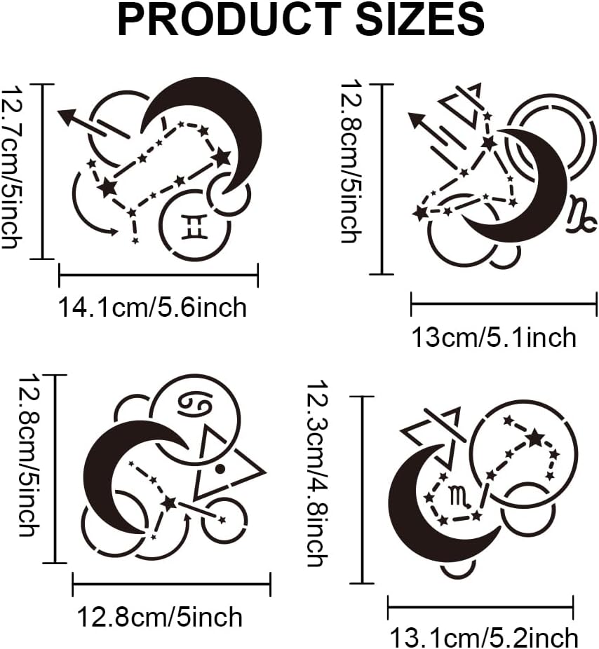 MAYJOYDIY 3pcs 12 Zodiac Signs Stencil 11.8×11.8inch 12 Constellations Symbols Stencils with Paint Brush Astrological Horoscope Drawing Template for Craft Furniture Fabric Wall
