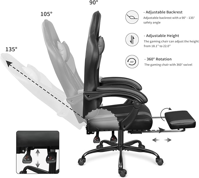 Gaming Chair with Footrest and Massage Lumbar Support, Height Adjustable Game Chair, Video Gaming Chair for Gaming Room, Living Room and Office - Black/Grey