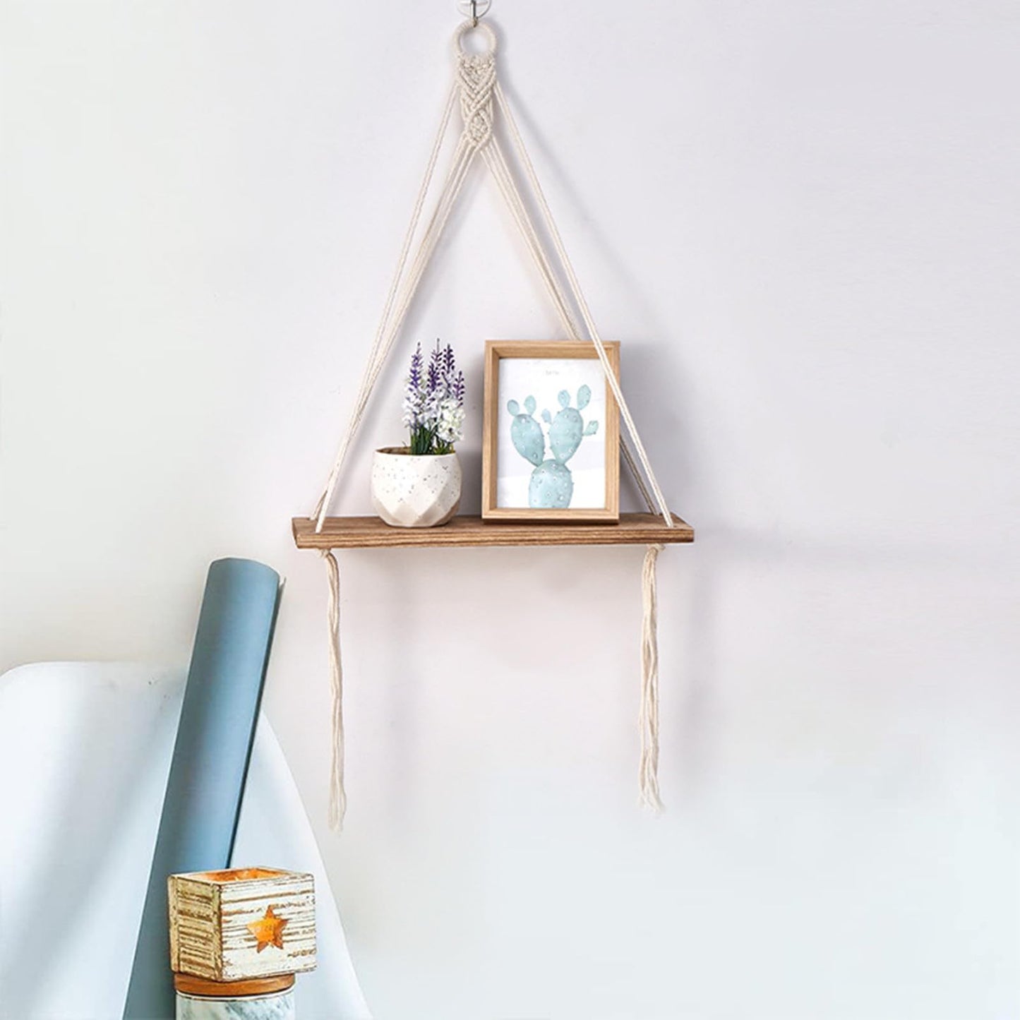 DD-life 2 Pcs Macrame Rope Triangle Shelf Wooden Wall Hanging Shelves Macrame Hanging Shelf Farmhouse Rustic Modern Plant Aesthetic for Room Nursery Bathroom Living Room College Dorm Room