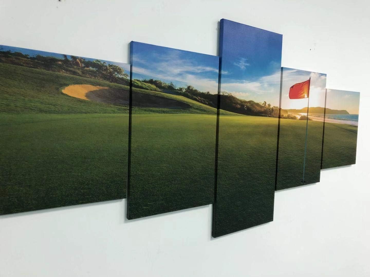 Golf Course Paintings Green Fairway Wall Art 5 Panel Printed on Canvas for Living Room Golfing Sport Pictures Contemporary Artwork Modern Home Decor Giclee Framed Stretched Ready to Hang(50''Wx24''H)