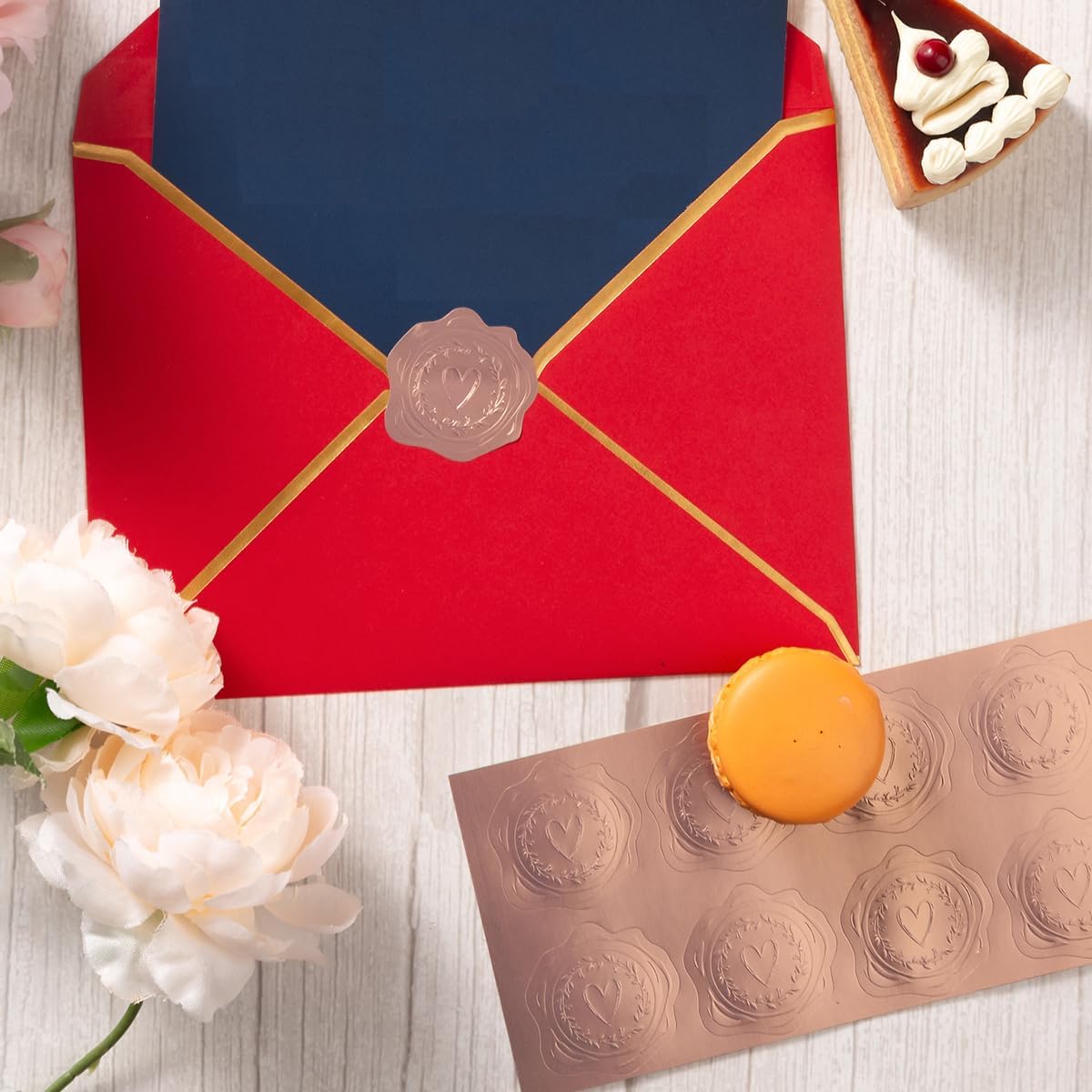 300 Pieces Embossed Gold Foil Stickers Gold Stickers for Envelopes, Wedding Invitations, Christmas Greeting Cards Envelopes (Rose Gold Heart-Love)