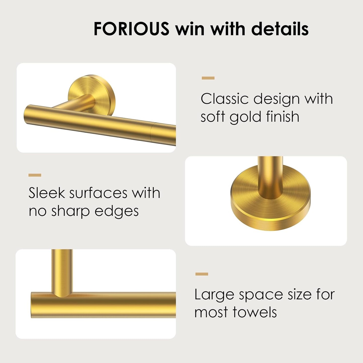 FORIOUS Towel Bar Wall Mounted, Stainless Steel Towel Racks for Bathroom, Includes Wall Mounting Hardware (Brushed Gold, 14 Inch)