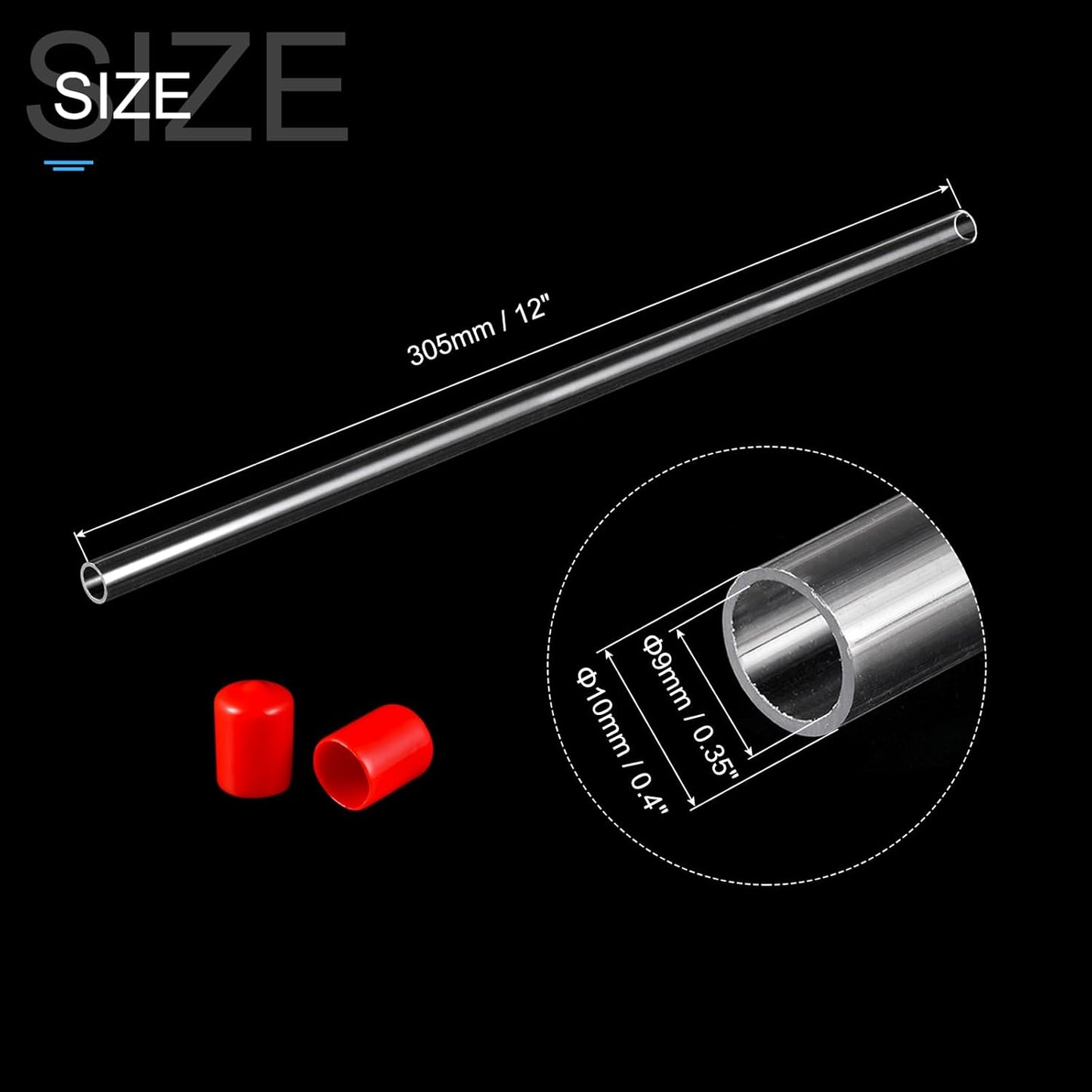 PATIKIL Clear Rigid Tube Round Plastic Tubing with Red Rubber Caps Polycarbonate Water Pipe, 305mm/ 12 Inch Length, 9mmx10mm/0.35"x0.4", 2 Set
