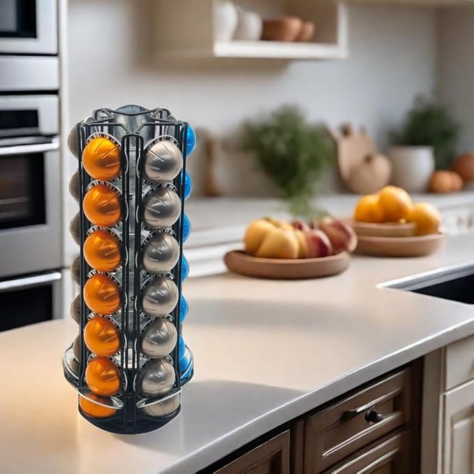 Vertuo Pod Holder Carousel Stand for 35 Nespresso Vertuo Capsule Storage Organizer with Extra Space for Coffee Mate Silent Rolling，Black