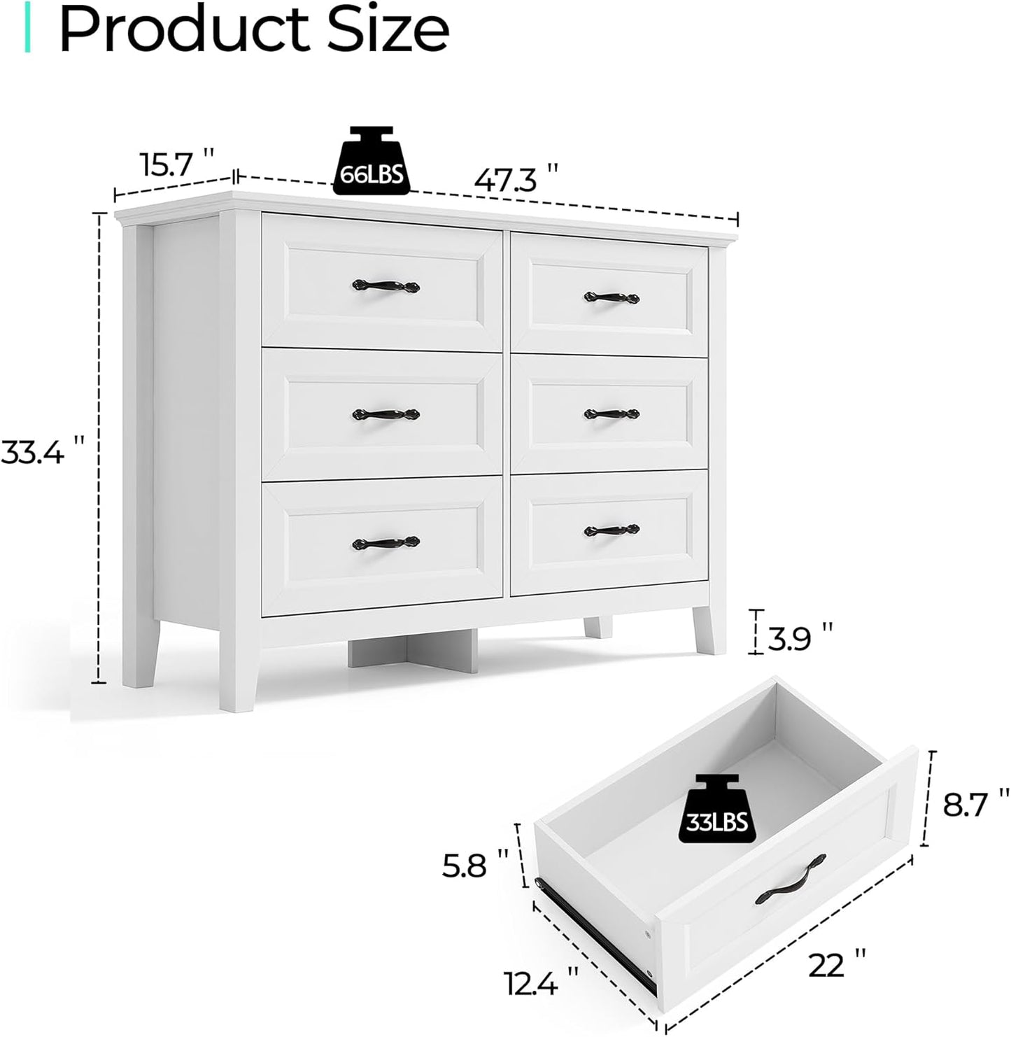 LINSY HOME 6 Drawers Dresser for Bedroom, 47" Wide Wooden Storage Chest with Antique Handles, Modern Farmhouse Dresser TV Stand with Wood Legs for Closet, Living Room, Hallway, White