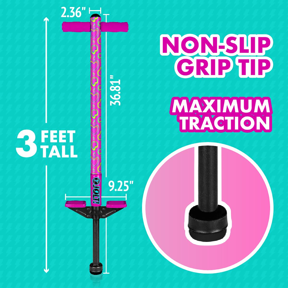 Flybar Jolt Pogo Stick for Kids, Perfect for Beginners w/Foam-Covered Metal Frame, Handles & Padding, Non-Slip Foot Pads, Wide Tip, Outdoor Active Play Toy for Boys & Girls, Ages 6+, Pink Hearts