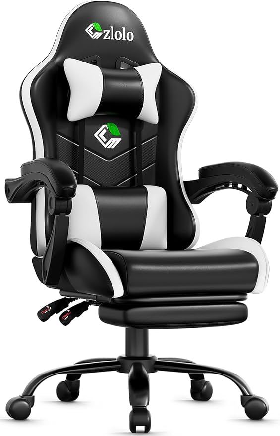 Gaming Chair with Footrest Racing Style Lumbar Support Massager Video Game Chair with Metal Legs, High Back Gamer Chair with Headrest, 360° Swivel Office Computer Desk Chair, Cool White