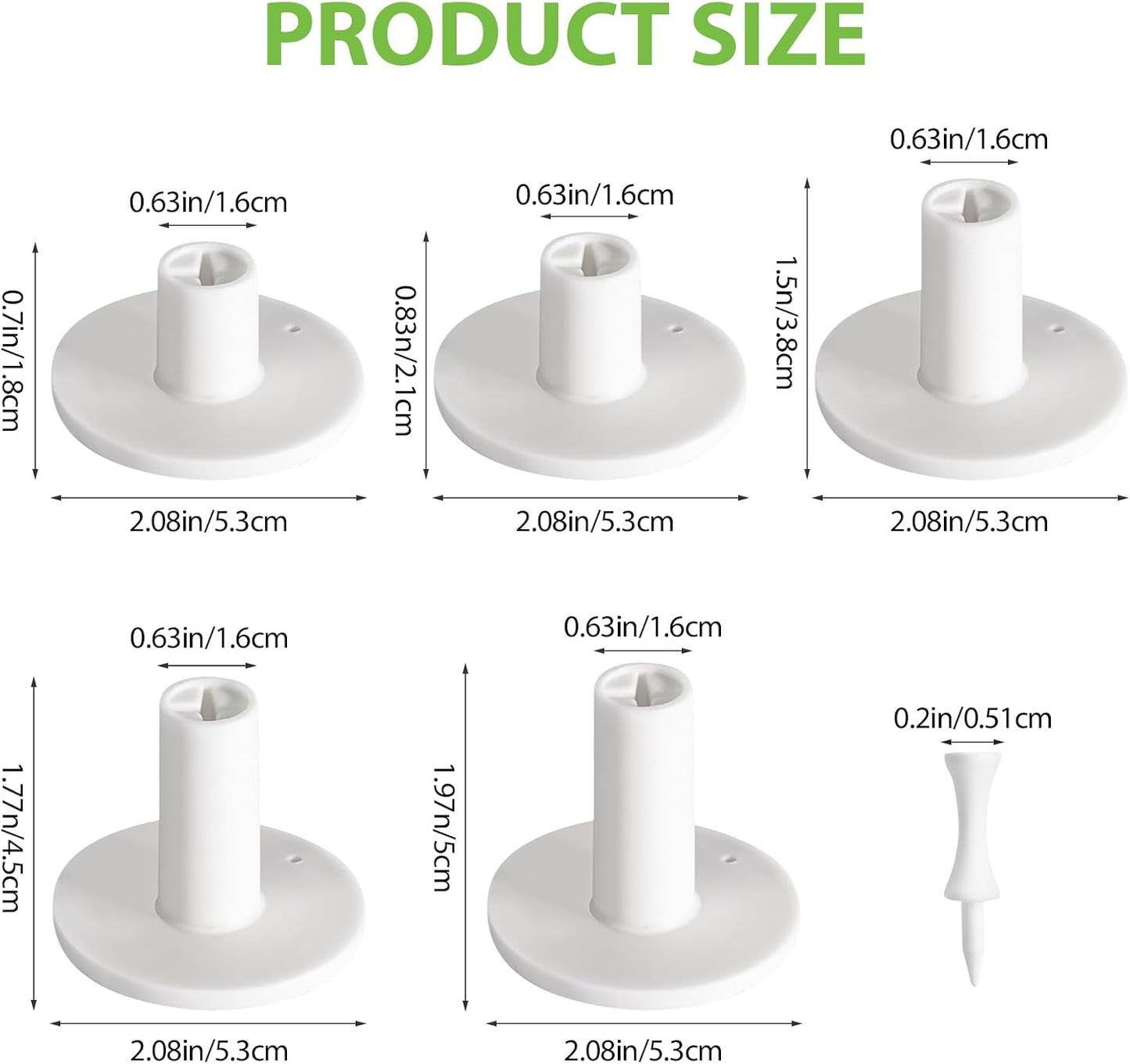 Rubber Golf Tees for Mats, Cross Shaped Golf Tee Holder Set for Driving Range & Simulator Practice, 5 Sizes 10p Unbreakable Tees & 20p Ball Stud for Indoor Outdoor Use (White)