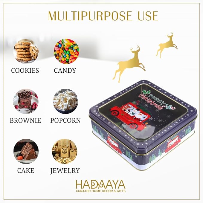 Metal Cookie Tin with Clear Lid – Square Multipurpose Storage Container for Cookies, Candy, Snacks, Chocolate Cake, Crafts – Ideal for Parties & Gift Giving – Merry Christmas Design