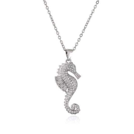 cmoonry 18K Gold Plated CZ Zircon Seahorse Pendant Necklace For Women 17.7"+2" (White Gold)