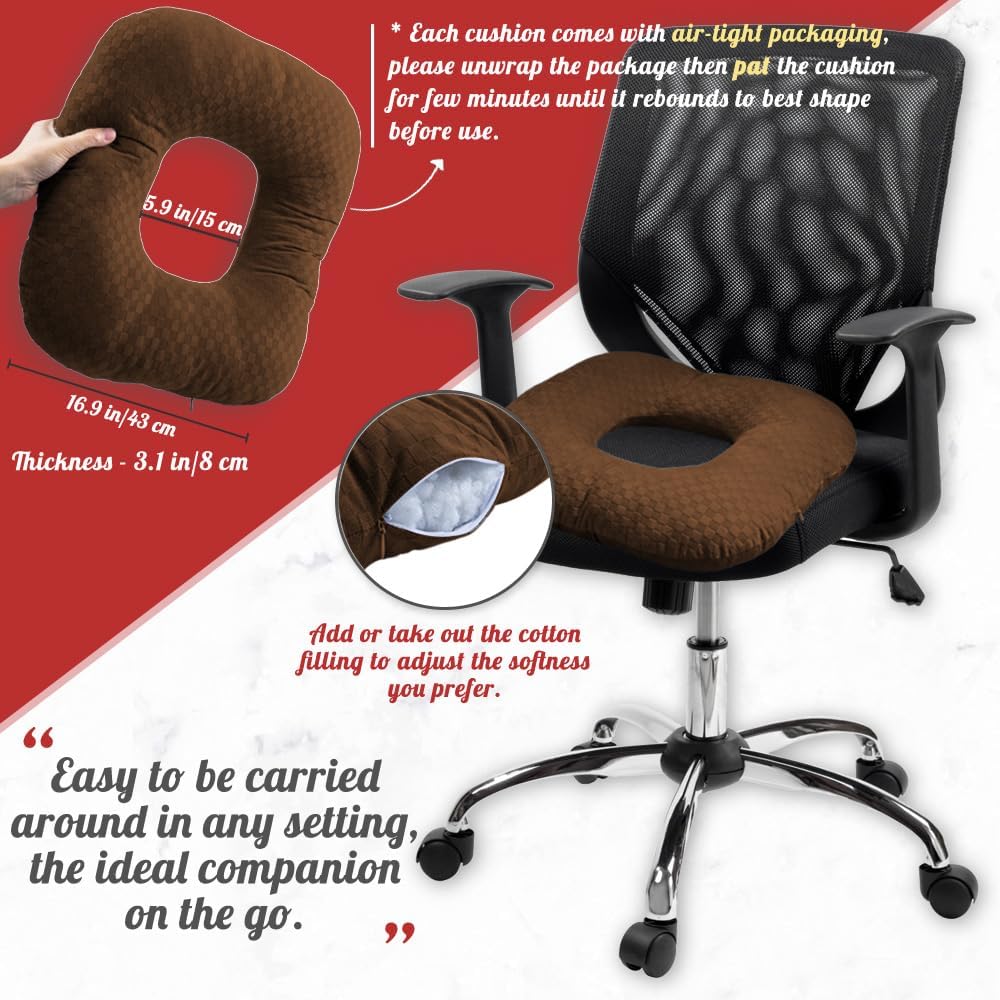 Stuffed Donut Pillow Seat Cushion | for Tailbone and Coccyx Pain, Hemorrhoids, Bed Sores, Pregnancy, Prostate, Surgery Recovery, Sitting Pressure Relief, for Home, Office and Car (Brown)