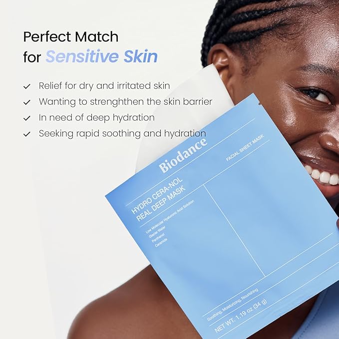 BIODANCE Hydro Cera-nol Real Deep Mask, Overnight Hydrogel Mask, Hydrating Facial Mask For Sensitive Skin, Redness Reducing & Quick Soothing Effect, Korean Skin Care, Gifts for Women |1.19oz(34g)x4ea
