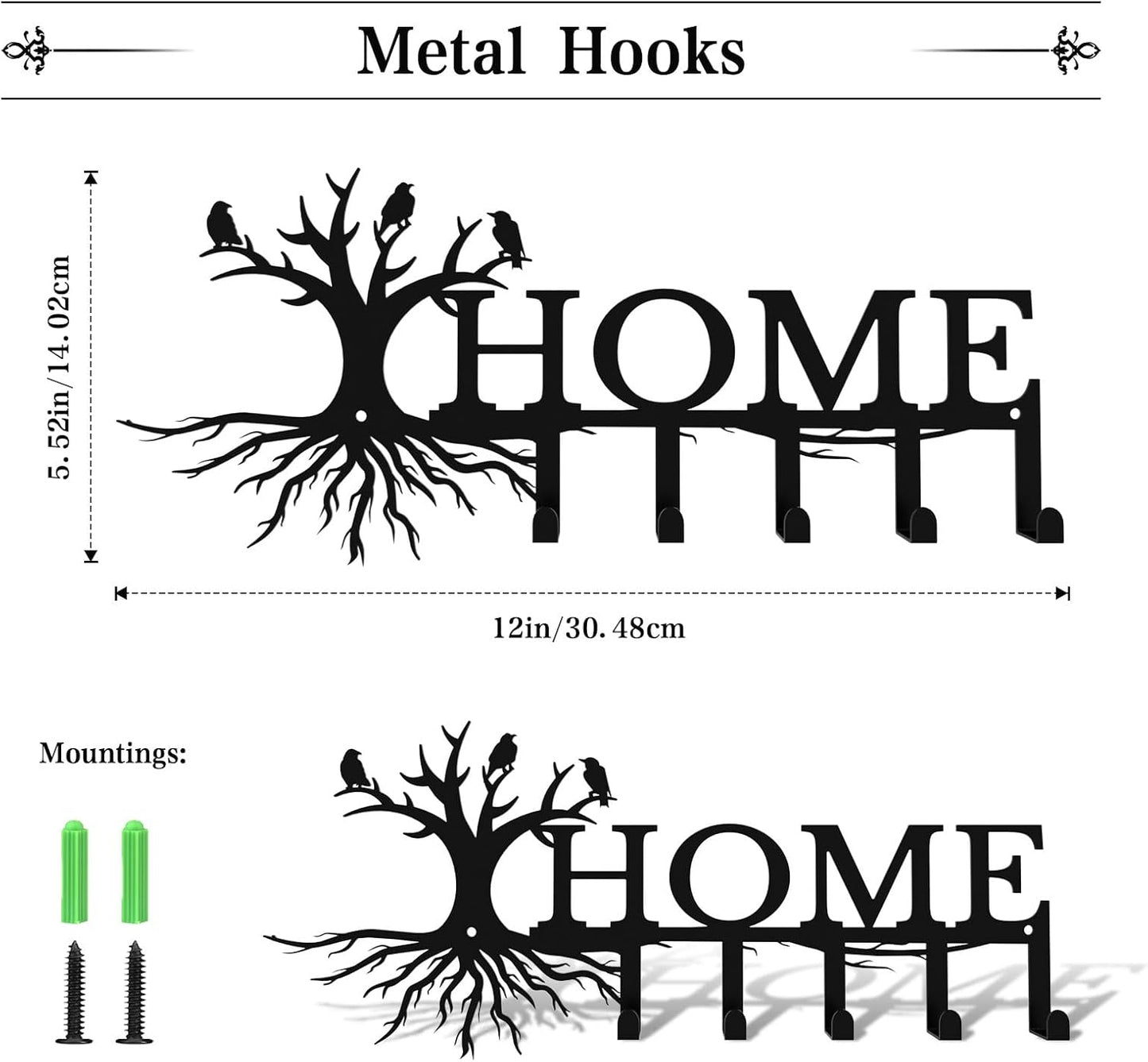 Metal Key Holder for Wall,Home Trees Theme Key Hooks Wall Mount Whith 5 Hooks,Black Metal Key Hanger Wall Decor for Front Door,Hallway,Entryway,Office