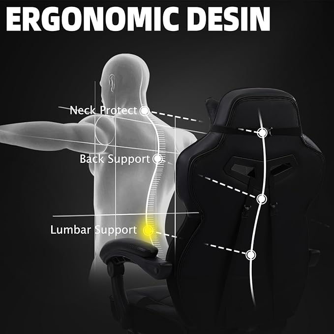 Vonesse Gaming Chair, High Back Office Chair with Footrest and Massage, Gaming Chairs for Adults with Pocket Spring Cushion, Big and Tall Reclining Computer Chair with Lumbar Support (Classic Black)