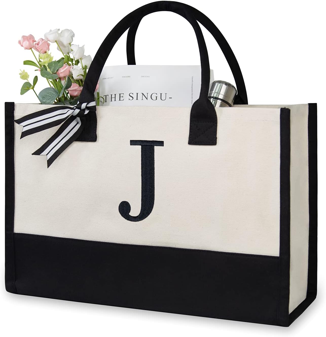 TOPDesign Embroidery Initial Canvas Tote Bag, Personalized Present Bag, Suitable for Wedding, Birthday, Beach, Holiday, is a Great Gift for Women, Mom, Teachers, Friends, Bridesmaids (Letter J)