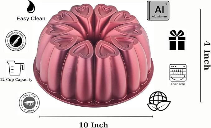 Heart Shape Cast Aluminum Molded Cake Pan, Titanium Coating, Non-Stick, 12 Cups, Heavy Duty, 10 Inch Pound Cake Pan, Gifts for Mom, Fluted Tube Pan, Easy to Clean (Red)