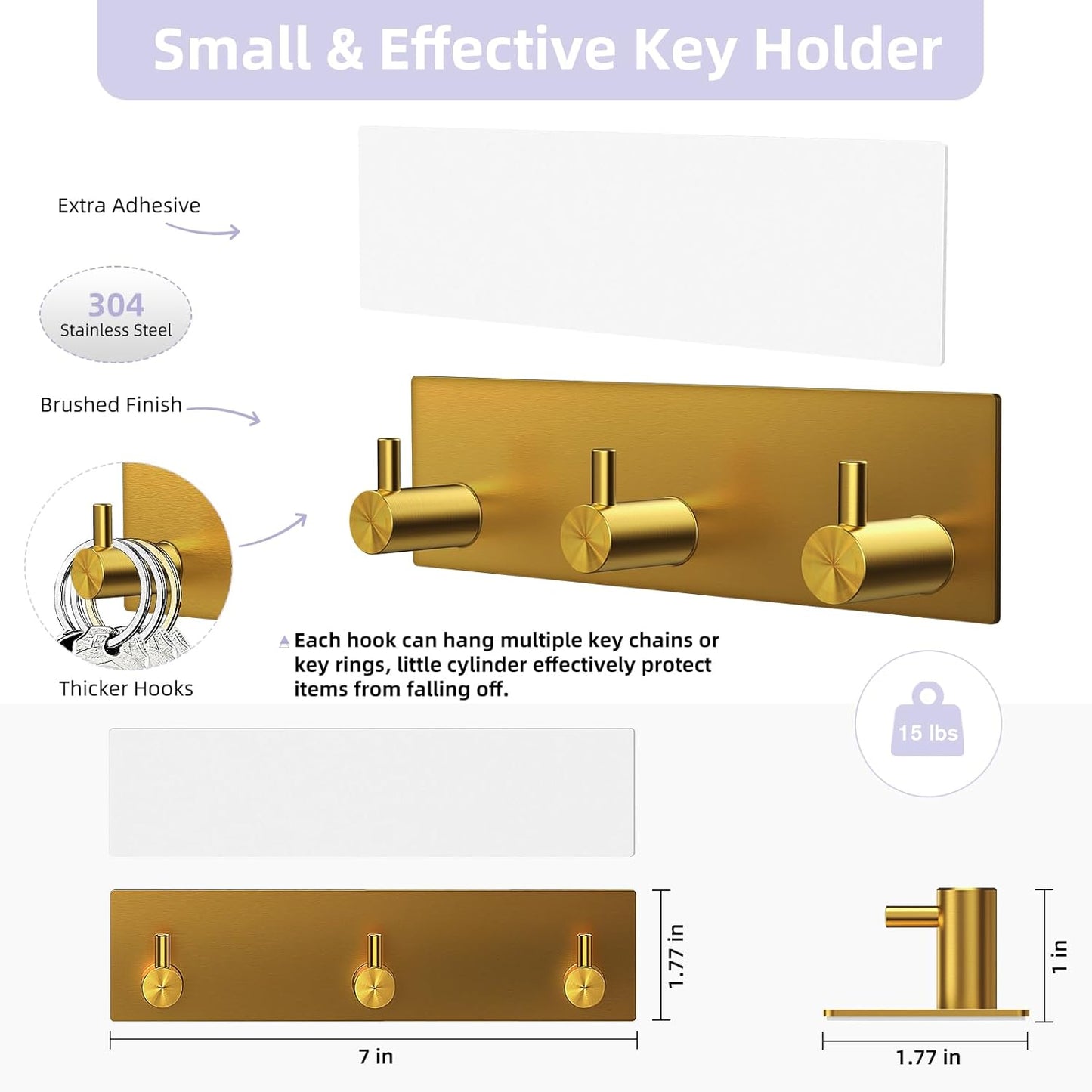 VIS'V Key Holder Wall Mount, Small Metal Self Adhesive Key Hanger with 3 Hooks, No Drilling, Extra Adhesive Strip, Gold