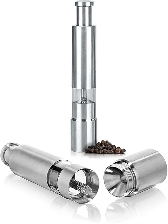 Single Stainless Steel Salt and Pepper Grinder Set, Manual Refillable Peppercorn Mills with Push Button, Thumb Grinder, Sliver White, One Piece