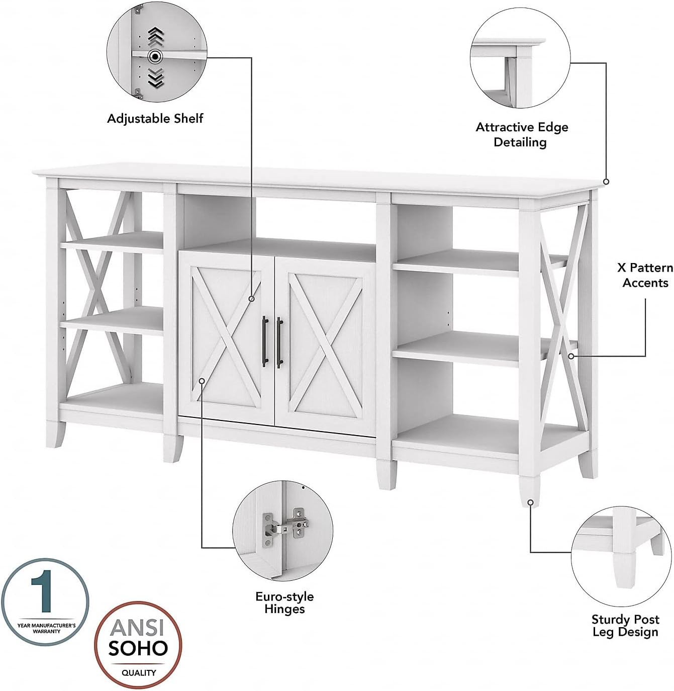 Bush Furniture Key West Tall TV Stand for 65 Inch TV in Pure White Oak, Farmhouse Entertainment Center with Storage