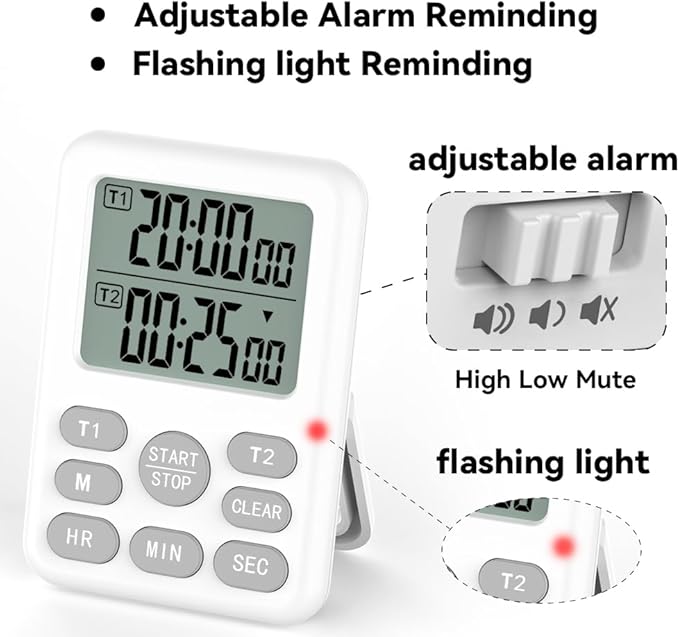 Dual Kitchen Timer Digital - 2 Channel for Cooking with Loud Adjustable Alarm, Magnetic Back and Stand, Battery Operated for Baking, BBQ, Study, and Exercise