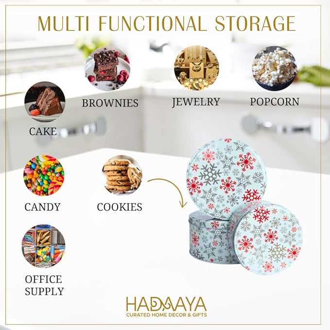 Holiday Tin Bundle – Set of 3 Festive Christmas Cookie & Candy Tins (Elf Hat, Wonderland, Snowflake Designs) – Stackable Storage Containers for Treats, Gifts & Seasonal Décor
