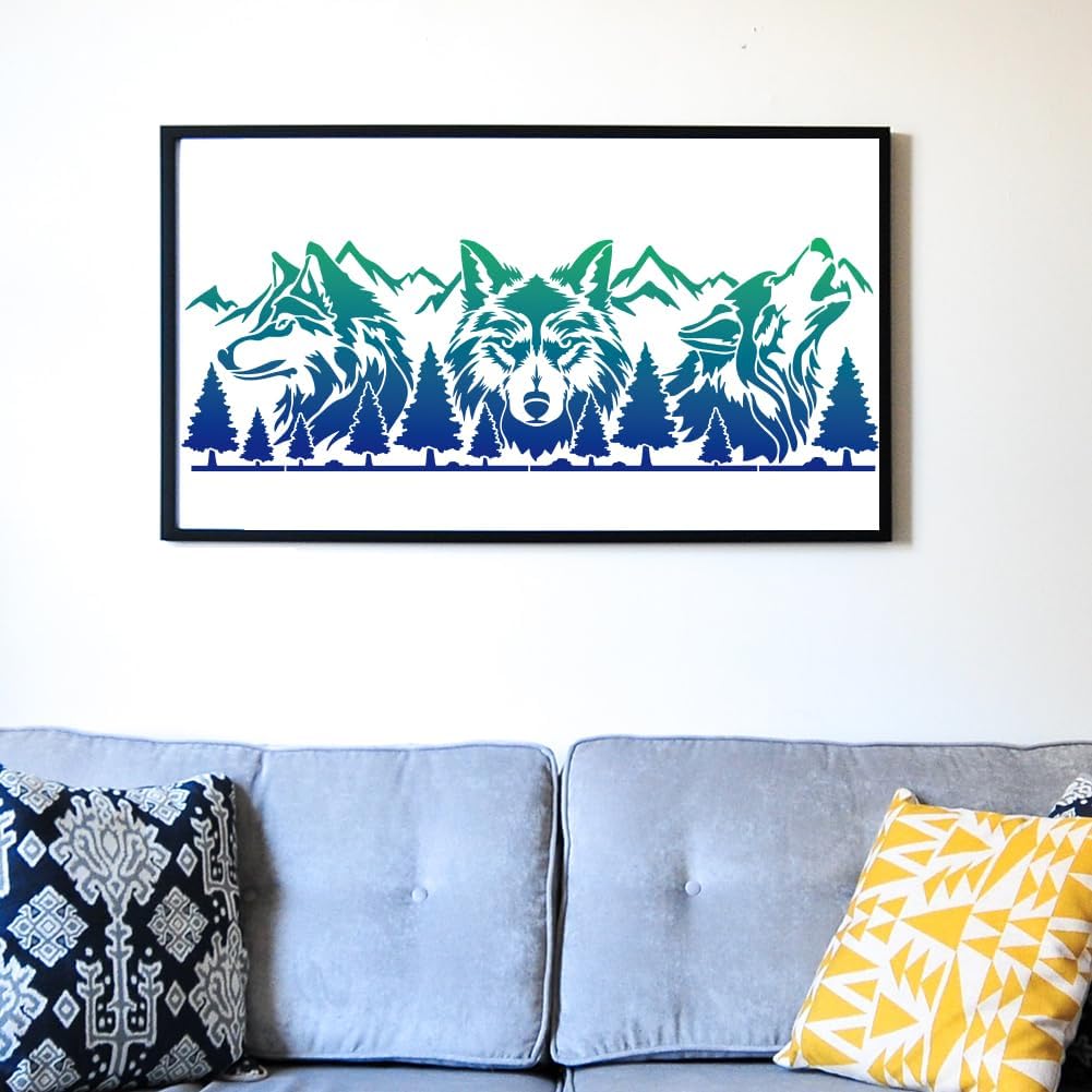 MAYJOYDIY Wolf Mountain Forest Stencils, 33x10 inch, 3 Piece Set with Paint Brush, Drawing Template for Wall Craft