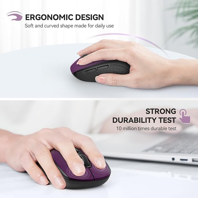 TECKNET Bluetooth Mouse, 4000DPI Wireless Mice for Laptop 2-in-1(BT 5.0/3.0+2.4Ghz) Computer Portable PC Mouse Wireless with USB Receiver for Mac (USB-A/C+Bluetooth, Purple)