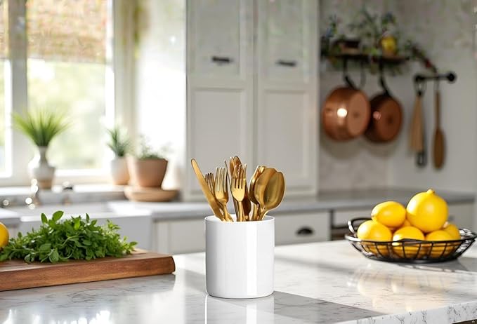 White Ceramic Silverware Cutlery Holder,Utensil Holder Flatware Caddy Cutlery Storage Organizer for Kitchen and Countertop