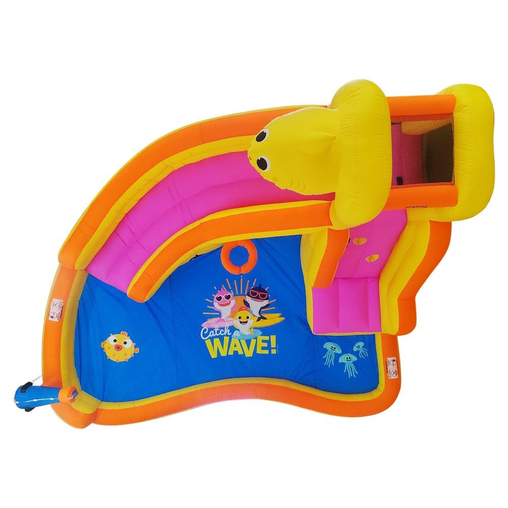Funormous Baby Shark Bounce House with Slide Wet or Dry, Pink Fong Inflatable Water Slide, Party Outdoor Curve Waterslide Fun, Kids Backyard Water Park, Includes Water Sprayer, Pool & Blower