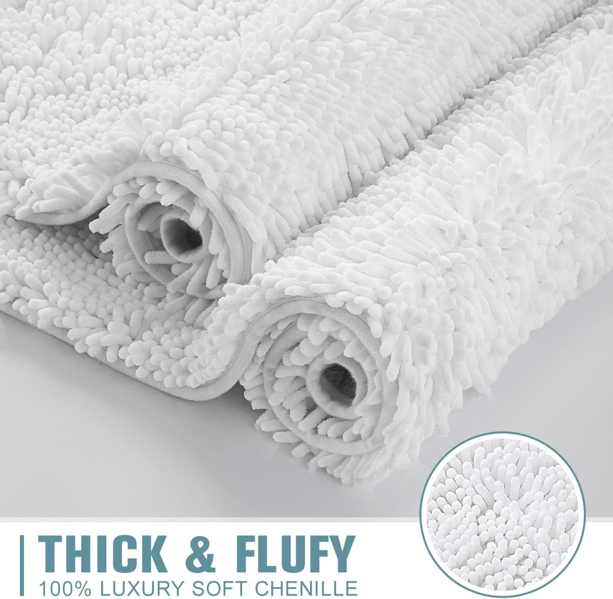 SONORO KATE Bathroom Rug,Non-Slip Bath Mat,Soft Cozy Shaggy Thick Bath Rugs for Bathroom,Plush Rugs for Bathtubs,Water Absorbent Rain Showers and Under The Sink (White, 17" x 47" Plus 17" x 24")