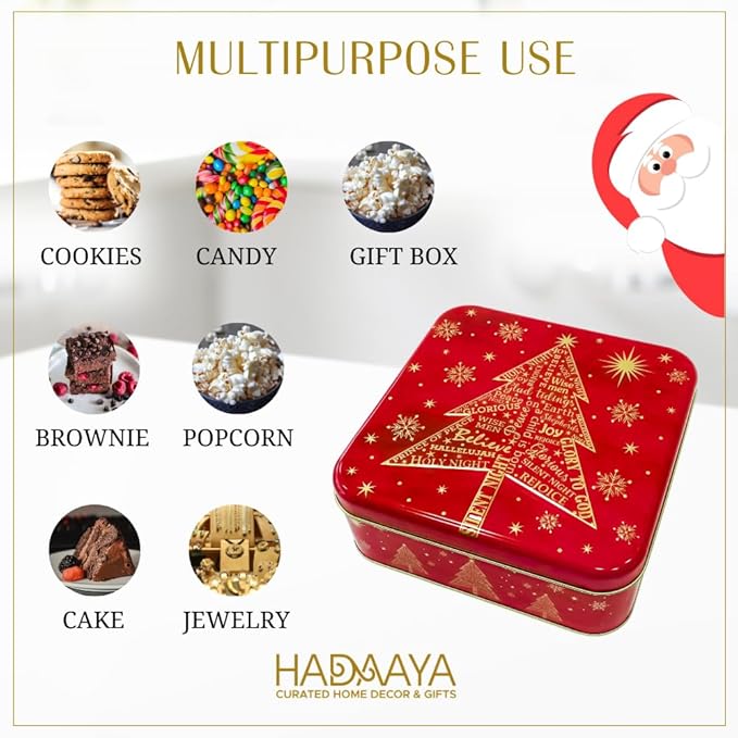 Square Christmas Tin Bundle – Set of 3 Holiday Cookie & Gift Tins (Green Tree, Red Snowflake, Blue Snowflake Truck) – Festive Containers for Cookies, Candy, Treats & Seasonal Gifting