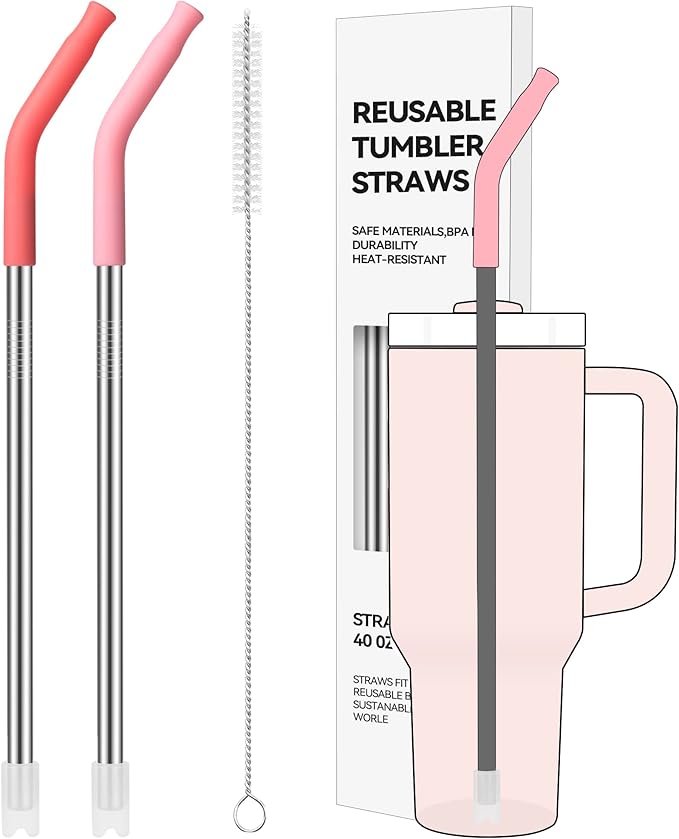 40oz Metal Straws for Stanley 40oz Cup & 64oz Jugs, 2 PCS Extra-Long Stainless Steel Straws with Removable Silicone Tips, Fits Large Tumblers & Oversized Mugs