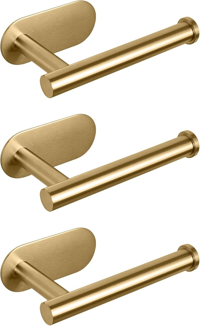 NearMoon Toilet Paper Holder Self Adhesive, Premium Thicken SUS304 Stainless Steel Rustproof Adhesive Toilet Roll Holder no Drilling for Bathroom, Kitchen, Washroom (3 Pack, Brushed Gold)