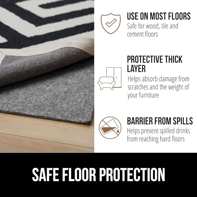 GORILLA GRIP Felt and Natural Rubber Stay in Place Slip Resistant Rug Pad, 1/8in Thick, 5x7 FT Protective Padding Under Area Rugs, Cushioned Gripper Pads, Carpet Runners, Hardwood Floors Protection