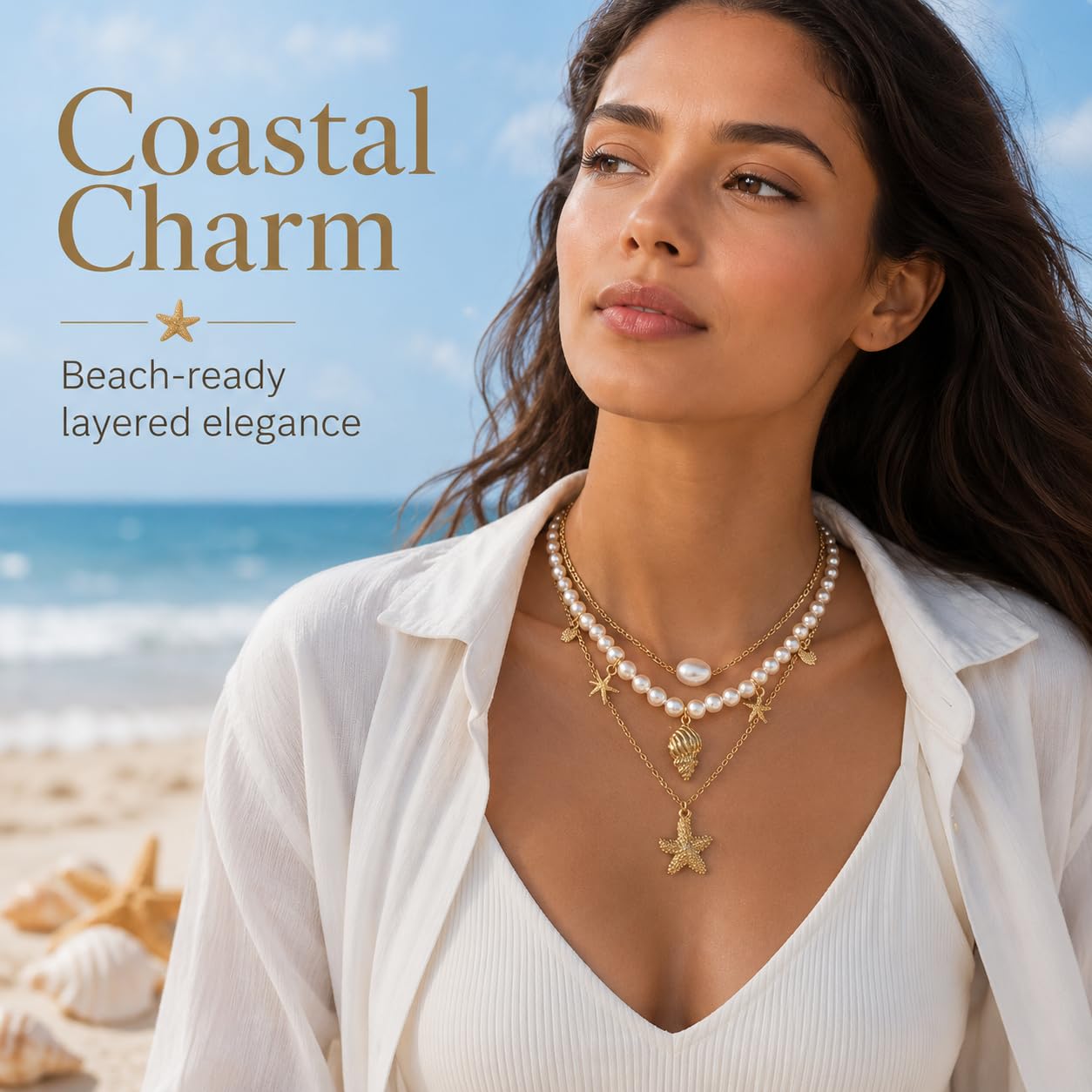 Shell Starfish Necklace for Women Gold Tone Layered Beach Jewelry Pearl Seashell Charm Adjustable Coastal Necklace for Summer Vacation Outfits Gifts