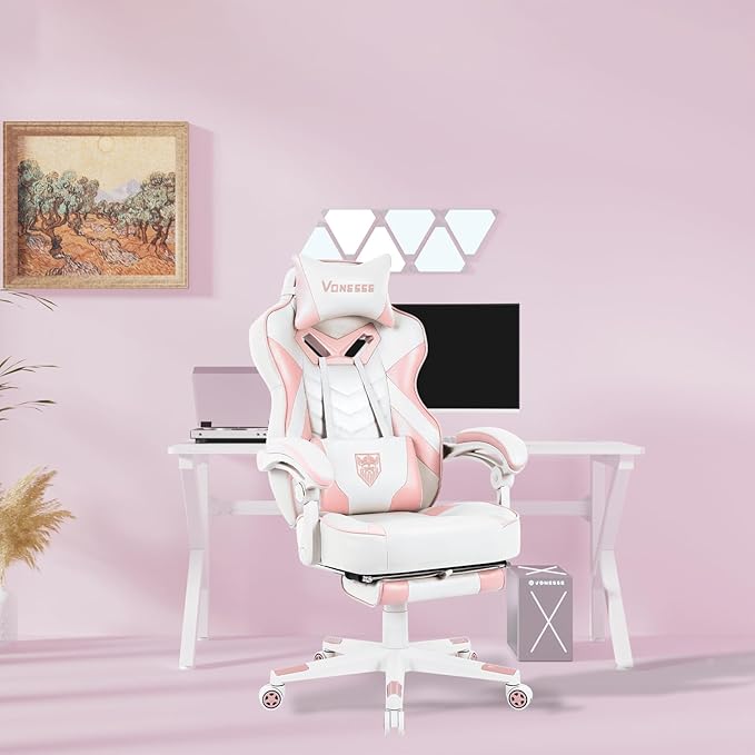 Vonesse Pink Gaming Chair, Big and Tall Gaming Chair with Footrest and Massage, Gaming Chairs for Adults with Lumbar Support, Ergonomic High Back Computer Chair with Pocket Spring Cushion (White/Pink)