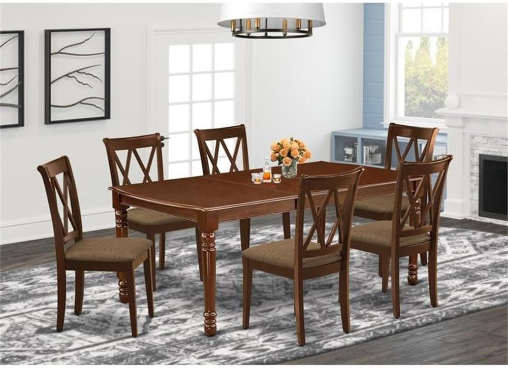East West Furniture DOCL7-MAH-C 7 Piece Kitchen Table & Chairs Set Consist of a Rectangle Butterfly Leaf Dining Table and 6 Linen Fabric Upholstered Chairs, 42x78 Inch, Mahogany