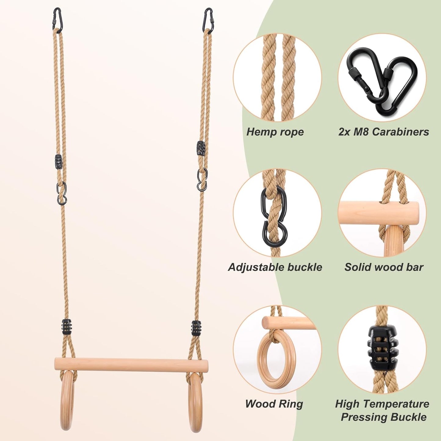 YAERSI Children's Trapeze Swing Bar with Wooden Gym Rings,Trapeze Bar for Swing Set