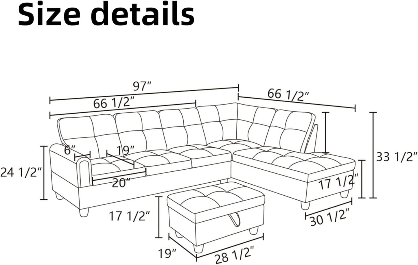 Sectional Couch with Otttoman, 97" L Shaped Couch Sectional Sofa for Living Room, Modern Modular Couches with Cup Holders for Bedroom, Apartments, Beige