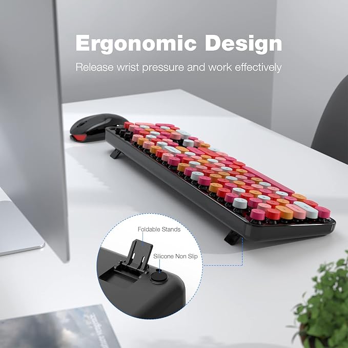 Wireless Keyboard and Mouse Combo, 104 Keys Full-Sized 2.4 GHz Round Keycap Typewriter Keyboards, USB Receiver Plug and Play, for Windows, Computer, PC, Laptop, Desktop (Black Colorful)