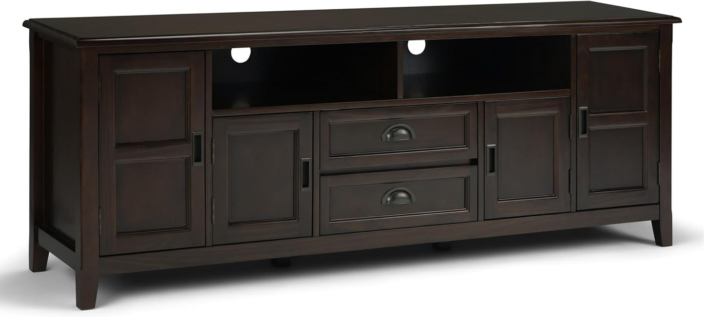 SIMPLIHOME Burlington SOLID WOOD 72 inch Wide Transitional TV Media Stand in Mahogany Brown For TVs up to 80 inches for the Living Room and Entertainment Center